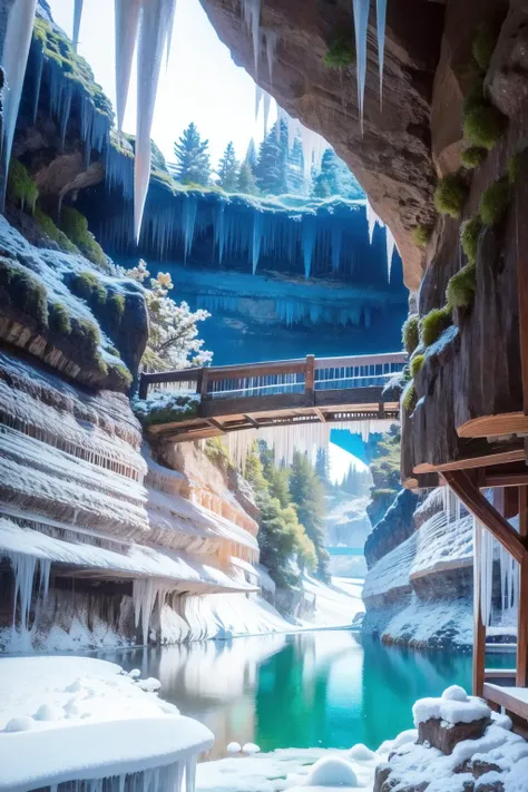 <lora:Cave-10:1> cave interior, water, bridge, cold, snow, ice, ice field, Icicles,