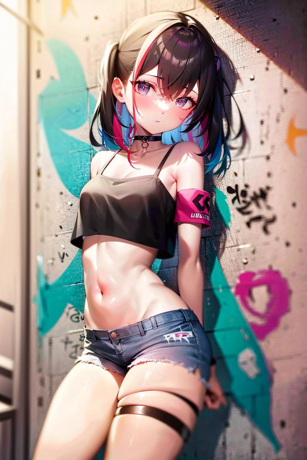 absurdres, best quality,1girl, solo, streaked hair, crop top, denim shorts, choker, (graffiti:1.5), <lyco:GoodHands-beta2:1.0>, paint splatter, arms behind back, (slouching), leaning back, against wall, (leaning to the side:0.25), looking at viewer, armband, thigh strap, streaked hair, paint on body, upturned eyes, head down, head tilt, (from side:0.95), bored, (expressionless:0.75)