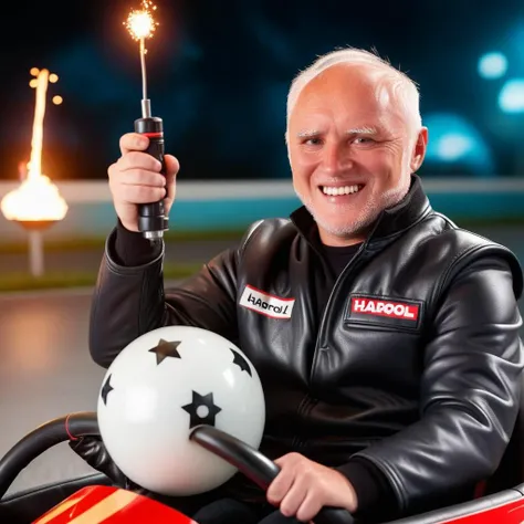 cinematic photo Harold smiling, fantasy world, driving a karting, holding a huge round bomb with a sparking fuse . 35mm photograph, film, bokeh, professional, 4k, highly detailed <lora:add-detail-xl:1.5> <lora:harold:1>