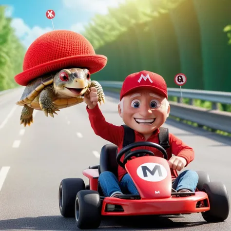 cinematic photo Harold smiling, fantasy world, driving a go-kart on a high-way, red hat with "M"on it, throwing a huge round turtle shell . 35mm photograph, film, bokeh, professional, 4k, highly detailed  <lora:add-detail-xl:1.5>  <lora:harold:1>  <lora:Mario1024:0.3>