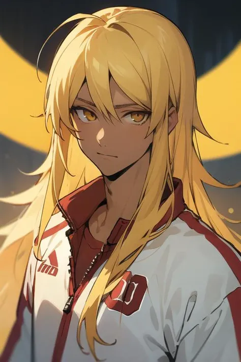 masterpiece, best quality, high quality, 1boy, solo, male focus, looking at viewer, upper body, <lora:hou_kami_no_tou:0.64>, hou_kami_no_tou, blonde hair, long hair, yellow eyes, , , track suit