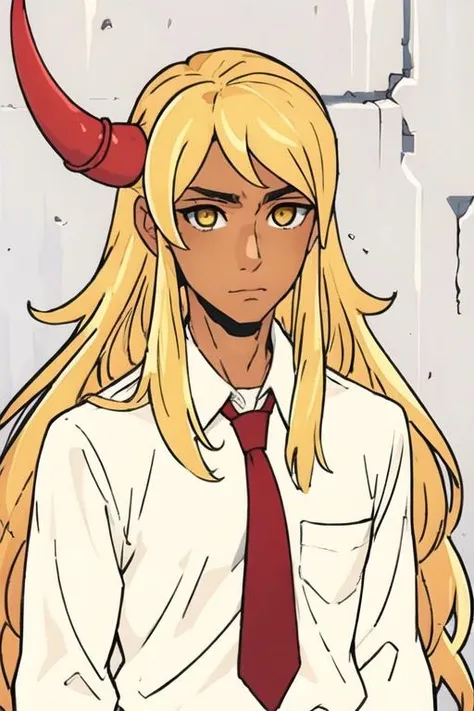 masterpiece, best quality, high quality, 1boy, solo, male focus, looking at viewer, upper body, <lora:hou_kami_no_tou:0.78>, hou_kami_no_tou, blonde hair, long hair, yellow eyes, single horn, , formal, necktie, dress shirt