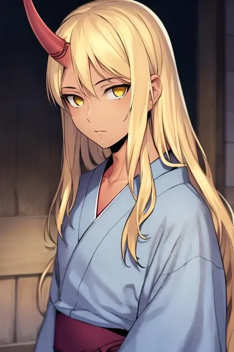 masterpiece, best quality, high quality, 1boy, solo, male focus, looking at viewer, upper body, <lora:hou_kami_no_tou:0.66>, hou_kami_no_tou, blonde hair, long hair, yellow eyes, single horn, realistic, yukata