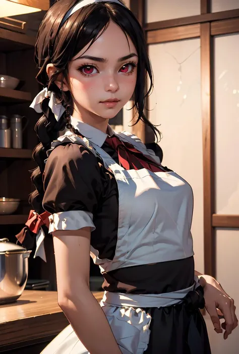 (masterpiece, best quality), 1girl,   <lora:KakeiMihaya-10:0.8> KakeiMihaya, 1girl, solo, long hair, black hair, red eyes, ribbon, single braid, hairband, apron, maid,