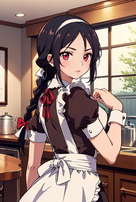 (masterpiece, best quality), 1girl,   <lora:KakeiMihaya-10:0.8> KakeiMihaya, 1girl, solo, long hair, black hair, red eyes, ribbon, single braid, hairband, apron, maid,