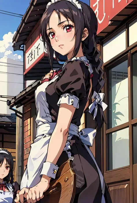(masterpiece, best quality), 1girl, <lora:KakeiMihaya-10:0.8> KakeiMihaya, 1girl, solo, long hair, black hair, red eyes, ribbon, single braid, hairband, apron, maid,
