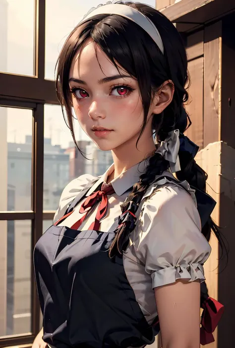(masterpiece, best quality), 1girl,   <lora:KakeiMihaya-10:0.8> KakeiMihaya, 1girl, solo, long hair, black hair, red eyes, ribbon, single braid, hairband, apron, maid,
