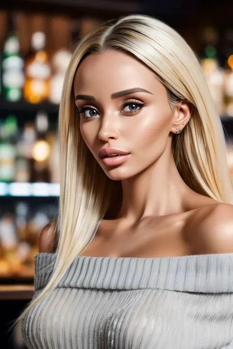 photo of S127_MartaMayer, an attractive woman, standing in a (bar:1.2), wearing an (off-the-shoulder sweater:1.2), (8k, RAW photo, best quality, depth of field, ultra high res:1.2), (absurdres, intricate, photorealistic, masterpiece, ultra-detailed:1.3)