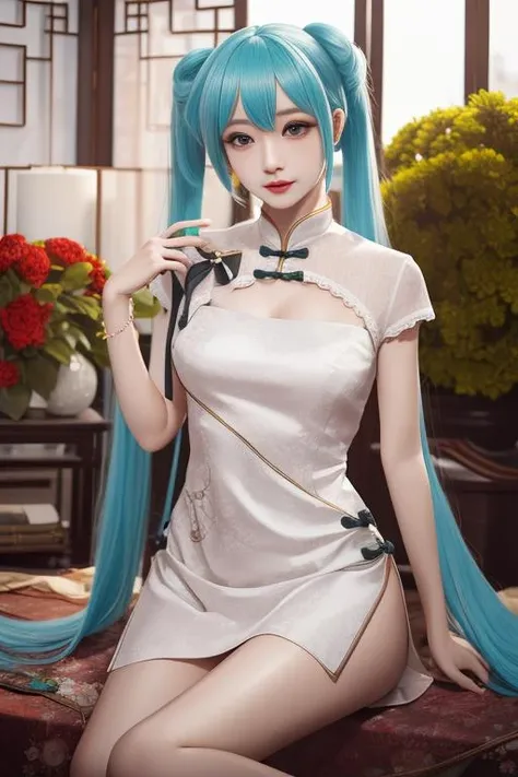 best quality, masterpiece, realistic, photorealistic,1girl,miku shaohuaqipao,chinese clothes,very long hair, twintails,  <lora:miku shaohuaqipao_v2_01:0.7>