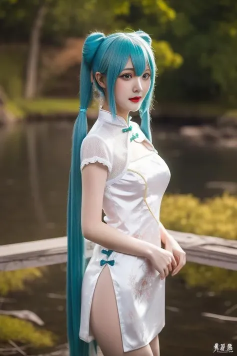 best quality, masterpiece, realistic, photorealistic,1girl,miku shaohuaqipao,chinese clothes,very long hair, twintails,medium breasts, <lora:miku shaohuaqipao_v2_01:0.6>