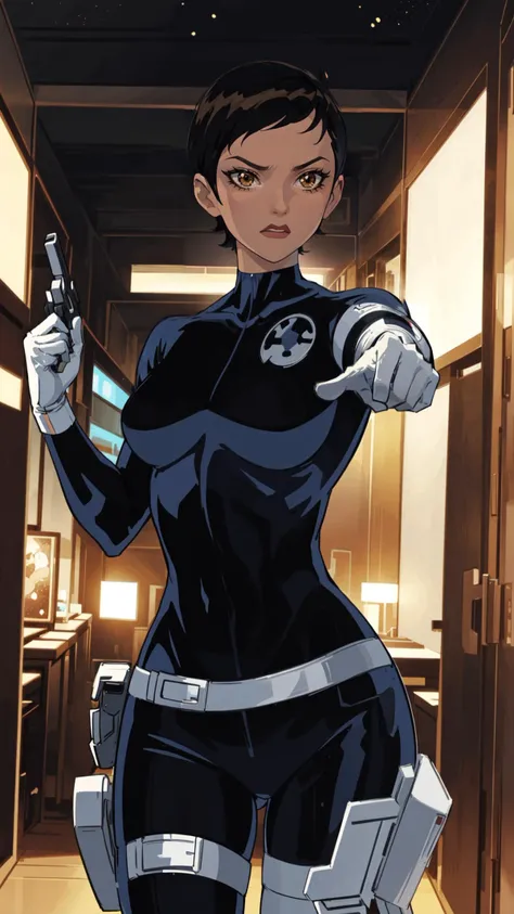 sehele style, <lora:sehele:0.4>, brown eyes, best quality, (masterpiece:1.2), anime screencap, perfect hands, centered, (((determined expression))), (((holding a pistol))), (((pointing at viewer))), skintight, S.H.I.E.L.D. uniform, CARTOON_MariaHill_emh_ownwaifu, www.ownwaifu.com, 1woman, dark skin, short hair, dark-skinned female, brown hair, very short hair, breasts, makeup, lipstick, swept bangs, black eyes, dark-skinned female, medium breasts, lips, bangs, bodysuit, gloves, white gloves, belt, holster, black bodysuit, spacesuit, thigh holster, turtleneck, uniform, (((cowboy shot))), (((dynamic pose))), (masterpiece, best quality, ultra detailed, beautiful illustration), atmospheric perspective, depth of field, beautiful detailed eyes, dynamic pose, dynamic angle, (((indoors, S.H.I.E.L.D. Helicarrier background))), 8k, 16k, trending on pixiv, fanbox, skeb, masterpiece, detailed face, digital painting, (best quality, ultra detailed), (detailed background:1.2), (perfect face, detailed face), (mature female:1.4), <lora:sd_v15_dpo_lora_v1:0.8>,  <lora:CARTOON_MariaHill_emh_ownwaifu:0.7>