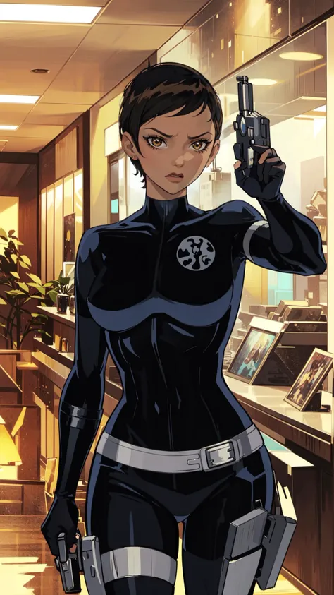 sehele style, <lora:sehele:0.4>, best quality, (masterpiece:1.2), anime screencap, perfect hands, centered, (((determined expression))), (((holding a pistol))), (((pointing gun at viewer))), skintight, S.H.I.E.L.D. uniform, CARTOON_MariaHill_emh_ownwaifu, www.ownwaifu.com, 1woman, dark skin, short hair, dark-skinned female, brown hair, very short hair, breasts, makeup, lipstick, swept bangs, black eyes, dark-skinned female, medium breasts, lips, bangs, bodysuit, gloves, white gloves, belt, holster, black bodysuit, spacesuit, thigh holster, turtleneck, uniform, (((cowboy shot))), (((dynamic pose))), (masterpiece, best quality, ultra detailed, beautiful illustration), atmospheric perspective, depth of field, beautiful detailed eyes, dynamic pose, dynamic angle, (((indoors, S.H.I.E.L.D. Helicarrier background))), 8k, 16k, trending on pixiv, fanbox, skeb, masterpiece, detailed face, digital painting, (best quality, ultra detailed), (detailed background:1.2), (perfect face, detailed face), (mature female:1.4), <lora:sd_v15_dpo_lora_v1:0.8>,  <lora:CARTOON_MariaHill_emh_ownwaifu:0.7>