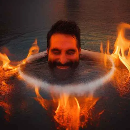 happy man burning in water , bit_ugly looking