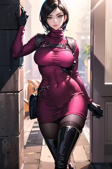extremely long hair perfect anatomy 1 girl tall solo curvy body ((red scarf)) ((gloves)) perfect hands big tits short hair covering eyes black lipstick long black glows blue eyes raincoat