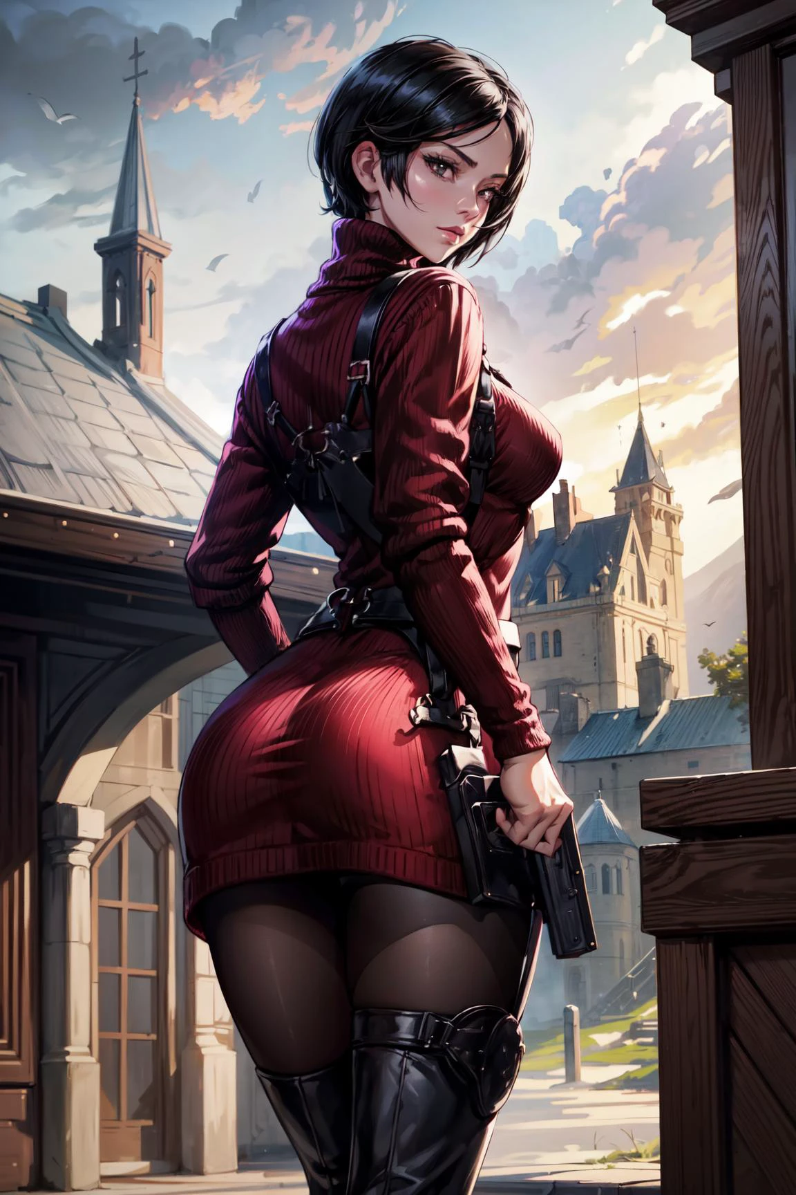 1girl,RE4, adawong,sweater dress, turtleneck, ribbed sweater, thigh high boots, pantyhose, harness,from behind,looking at viewer,holdiang a gun,old castle background,masterpiece,extremely detailed CG unity 8k wallpaper, best quality,32k,focus sharp, <lora:AdaWong:0.8>, <lora:add_detail:1>,
