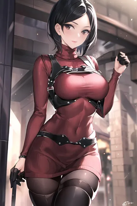 1girl, <lora:AdaWong-14:1>, RE4, sweater dress, turtleneck, ribbed sweater, thigh high boots, pantyhose, harness, best quality, masterpiece, highres