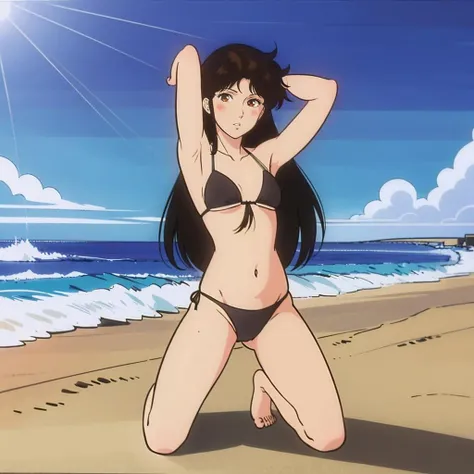 masterpiece,high quality,solo,
<lora:HitomiKisugi001:0.7>,looking at viewer,parted lips,
HitomiKisugi,1girl,
long hair,black hair,eyelashes,brown eyes,
bikini,ocean,beach,wind,sunshine,
full body,arm up,kneeling,
