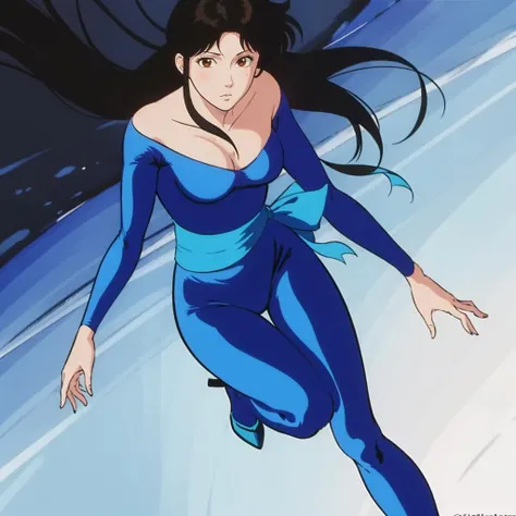 masterpiece,high quality,ultra high definition,solo,
<lora:HitomiKisugi001:0.7>,
HitomiKisugi,1girl,
long hair,black hair,eyelashes,brown eyes,
blue bodysuit,off shoulder,
sash,
high heels,