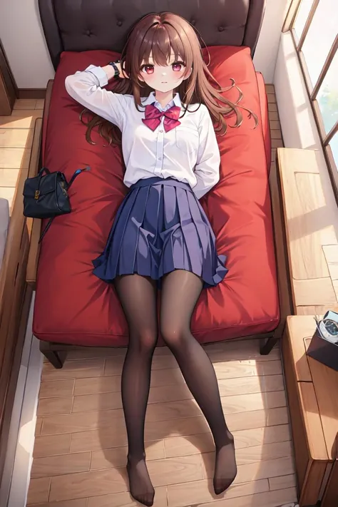 {bestquality},{{masterpiece}},{highres},extremelydetailedCG,extremelydetailed8Kwallpaper,extremelydetailedcharacter,looking at viewer,
1girl,solo, <lora:Aoi2:0.4>aoisan,red eyes,ahoge, brown hair,
indoors,windows,lying on back,
,full body, arms behind back,
<lora:baisiluoli:0.4>,baisixuegao,pantyhose,
school uniform, bowtie,wristwatch, no shoes,