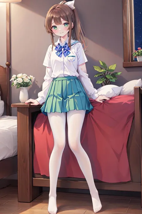 {bestquality},{{masterpiece}},{highres},extremelydetailedCG,extremelydetailed8Kwallpaper,extremelydetailedcharacter,looking at viewer,
1girl,solo, <lora:misaki3:0.5>,misakiA,smile,green eyes, looking at viewer,ponytail,ribbon,
indoors,windows,sitting on bed, night,star \(sky\),
,full body, arms behind back,
<lora:baisiluoli:0.5>,baisixuegao,pantyhose,
school uniform, bowtie,wristwatch, no shoes,crossed legs,