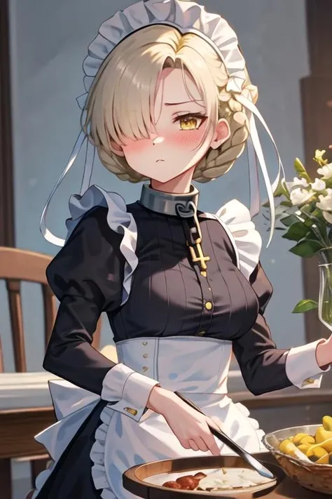 best quality, masterpiece, highres, solo, {sheffield_azurlane:1.15}, yellow_eyes, hair_over_one_eye, braid, short_hair, maid_headdress, blonde_hair, breasts, blush, maid, bangs, medium_breasts