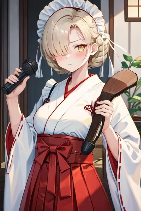 best quality, masterpiece, highres, solo, {white kimono:1.35}, {red hakama:1.35}, {wide sleeves:1.20}, {sheffield_azurlane:1.15}, yellow_eyes, hair_over_one_eye, braid, short_hair, maid_headdress, blonde_hair, breasts, blush, maid, bangs, medium_breasts