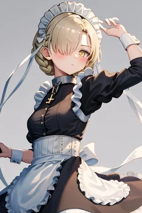 best quality, masterpiece, highres, solo, {maid:1.40}, {long maid dress:1.15}, {sheffield_azurlane:1.15}, yellow_eyes, hair_over_one_eye, braid, short_hair, maid_headdress, blonde_hair, breasts, blush, bangs, medium_breasts