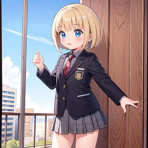 masterpiece,best quality,highly, standing, cowboy shot
1girl,solo, <lora:0 DADramia:0.8> dndramia,child,little_girl,petite,blonde hair, short hair, flat chest,
school uniform,blazer,jacket,grey jacket,open jacket,striped necktie,(red necktie:1.2),collared shirt,blue shirt,long sleeves,plaid skirt,grey skirt,socks,black socks,loafers