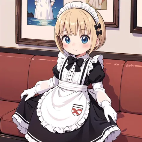 masterpiece,best quality,highly, standing, cowboy shot
1girl,solo, <lora:0 DADramia:0.8> dndramia,child,little_girl,petite,blonde hair, short hair, flat chest,
(Maid dress:1.3),maid, white shirt, long shirt, long sleeves, black bow tie, bow tie brooch, maid headdress, maid apron,White gloves with