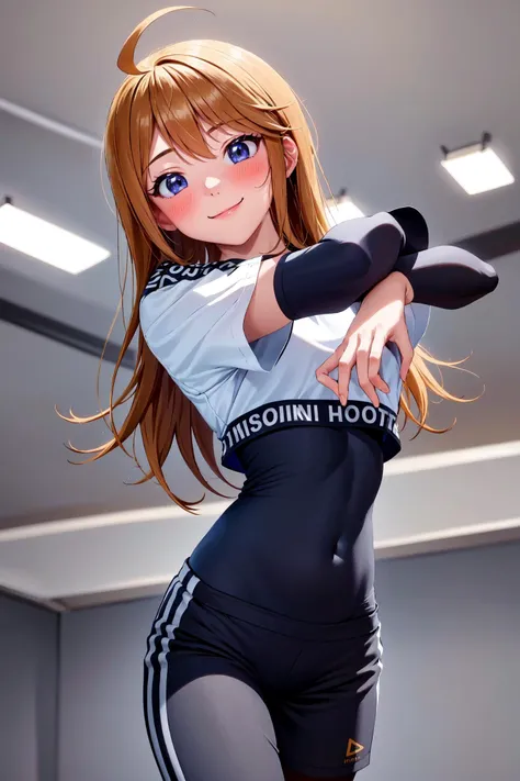(masterpiece, best quality, ultra detailed), (perfect face, detailed face), (detailed background, complex background:1.2), full-face blush, smile, looking at viewers, detailed light,
<lora:megumi_tokoro_v1:1> megumi tokoro, ahoge, long hair, (cowboy shot:1.3), tilt head, sportswear,(shirt:1.2),(skin tight:1.4),short sleeves,(shorts:1.2),
(indoors) <lora:hololive_dance_practice_uniform:1>