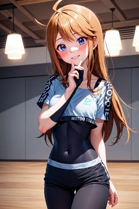 (masterpiece, best quality, ultra detailed), (perfect face, detailed face), (detailed background, complex background:1.2), full-face blush, smile, looking at viewers, detailed light,
<lora:megumi_tokoro_v1:1> megumi tokoro, ahoge, long hair, (cowboy shot:1.3), tilt head, sportswear,(shirt:1.2),(skin tight:1.4),short sleeves,(shorts:1.2),
(indoors) <lora:hololive_dance_practice_uniform:1>