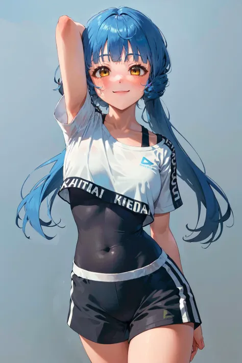 (masterpiece, best quality, ultra detailed), (perfect face, detailed face), (detailed background, complex background:1.2), full-face blush, seductive, smile, looking at viewers,
<lora:reika_kitakami_v2:1> reika kitakami, small breasts, very long hair, twintails, cowboy shot, tilt head, sportswear,(shirt:1.2),(skin tight:1.4),short sleeves,(shorts:1.2), hands behind head,
(outdoors) <lora:hololive_dance_practice_uniform:1>