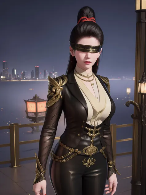 <lora:YJWJninghongyeCDXN_20230805164130:0.75>,1girl,mature female,cityscape,night,looking at viewer,YJWJninghongyeCDXN,black blindfold,high ponytail,red ribbon,cowboy shot,black hair,armor,clothing cutout,jewelry,gem,shirt,jacket,belt,necklace,trim,hair bun,