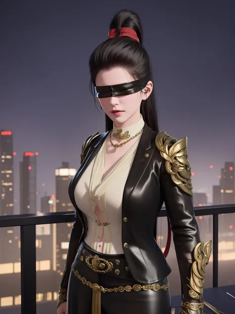 <lora:YJWJninghongyeCDXN_20230805164130:0.75>,1girl,mature female,cityscape,night,looking at viewer,YJWJninghongyeCDXN,black blindfold,high ponytail,red ribbon,cowboy shot,black hair,armor,clothing cutout,jewelry,gem,shirt,jacket,belt,necklace,trim,hair bun,