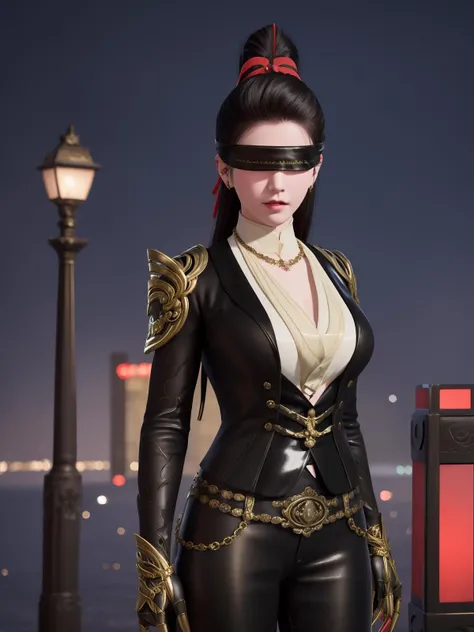 <lora:YJWJninghongyeCDXN_20230805164130:0.75>,1girl,mature female,cityscape,night,looking at viewer,YJWJninghongyeCDXN,black blindfold,high ponytail,red ribbon,cowboy shot,black hair,armor,clothing cutout,jewelry,gem,shirt,jacket,belt,necklace,trim,hair bun,