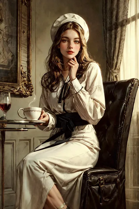 Generate an image that transports us to the enchanting world of the interwar period in Paris, where a young and elegant flight attendant savors a quiet moment at a charming Parisian café.
The flight attendant herself embodies the grace and sophistication of the era. She possesses a timeless beauty and slender figure that complements her chic and vintage attire, perfectly in sync with the ambiance of the interwar period.
Her hair, a rich chestnut hue, is elegantly styled in loose waves that frame her face. Her eyes, a captivating shade of deep hazel, reflect both the allure of Paris and a sense of curiosity. Long, dark eyelashes emphasize her eyes, and she wears subtle brown eyeshadow that adds to her sophistication.
Her facial features are delicately proportioned, featuring a petite nose and high cheekbones that evoke the elegance of the interwar era. Her lips, with a natural rosy tint, form a warm and inviting smile that exudes charm and grace.
The flight attendant's attire is a testament to the fashion of the timeâa tailored, knee-length dress cinched at the waist and flared at the skirt. She wears a stylish cloche hat adorned with a ribbon, adding an air of sophistication. Classic pumps and a vintage leather handbag complete her ensemble.
As she sits at the Parisian café, she enjoys a cup of coffee, her delicate fingers wrapped around the warm porcelain cup. The café exudes an authentic interwar atmosphere, with wrought-iron tables and chairs, checkered tablecloths, and the soft hum of conversation in the background.
The image is bathed in the soft, romantic light of a Parisian afternoon, casting a warm and nostalgic glow over the scene. It captures a fleeting moment in time, where the flight attendant relishes the magic of Paris during the interwar period, embodying the spirit of elegance and exploration.
This revised prompt focuses on the flight attendant's experience at a Parisian café, maintaining the interwar atmosphere. <lora:add_detail:0.5> <lora:bichu-v0612:0.5> <lora:sxz-slavic-fantasy-v1:0.5> <lora:detailed_eye:0.7> <lora:Gloomifier_slider_LECO_500w:1>