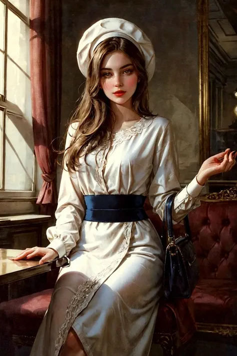 Generate an image that transports us to the enchanting world of the interwar period in Paris, where a young and elegant flight attendant savors a quiet moment at a charming Parisian café.
The flight attendant herself embodies the grace and sophistication of the era. She possesses a timeless beauty and slender figure that complements her chic and vintage attire, perfectly in sync with the ambiance of the interwar period.
Her hair, a rich chestnut hue, is elegantly styled in loose waves that frame her face. Her eyes, a captivating shade of deep hazel, reflect both the allure of Paris and a sense of curiosity. Long, dark eyelashes emphasize her eyes, and she wears subtle brown eyeshadow that adds to her sophistication.
Her facial features are delicately proportioned, featuring a petite nose and high cheekbones that evoke the elegance of the interwar era. Her lips, with a natural rosy tint, form a warm and inviting smile that exudes charm and grace.
The flight attendant's attire is a testament to the fashion of the timeâa tailored, knee-length dress cinched at the waist and flared at the skirt. She wears a stylish cloche hat adorned with a ribbon, adding an air of sophistication. Classic pumps and a vintage leather handbag complete her ensemble.
As she sits at the Parisian café, she enjoys a cup of coffee, her delicate fingers wrapped around the warm porcelain cup. The café exudes an authentic interwar atmosphere, with wrought-iron tables and chairs, checkered tablecloths, and the soft hum of conversation in the background.
The image is bathed in the soft, romantic light of a Parisian afternoon, casting a warm and nostalgic glow over the scene. It captures a fleeting moment in time, where the flight attendant relishes the magic of Paris during the interwar period, embodying the spirit of elegance and exploration.
This revised prompt focuses on the flight attendant's experience at a Parisian café, maintaining the interwar atmosphere. <lora:add_detail:0.5> <lora:bichu-v0612:0.5> <lora:sxz-slavic-fantasy-v1:0.5> <lora:detailed_eye:0.7> <lora:Gloomifier_slider_LECO_500w:1>