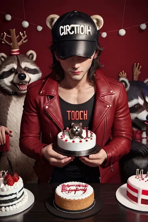 stylish bear in a leather jacket and a festive cap, cake, raccoon in a red leather jacket