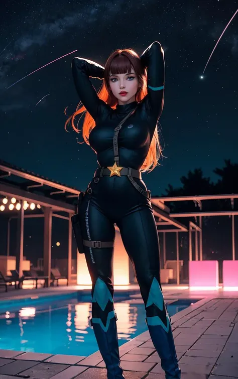 ((masterpiece, best quality)), insaneres, absurdres, solo, looking at viewer,
CARTOON_AdventuresofGalaxyRangers,
1girl, long hair, brown hair, bangs, blunt bangs, makeup, lipstick, lips, blue eyes, red hair, large breasts, very long hair,
skin tight, belt, bodysuit, uniform, boots, holster, spacesuit, military, gloves,
(contrapposto, arms behind head), neon_lights, cityscape, star (sky), night, pool, outdoors, <lora:CARTOON_AdventuresofGalaxyRangers:0.8>,
depth of field, light particles,