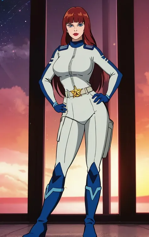 ((masterpiece, best quality)), insaneres, absurdres, solo, looking at viewer,
CARTOON_AdventuresofGalaxyRangers,
1girl, long hair, brown hair, bangs, blunt bangs, makeup, lipstick, lips, blue eyes, red hair, large breasts, very long hair,
skin tight, belt, bodysuit, uniform, boots, holster, spacesuit, military, gloves,
(contrapposto, hand on hip), sunset, sidelighting, <lora:CARTOON_AdventuresofGalaxyRangers:1>,
depth of field, light particles,