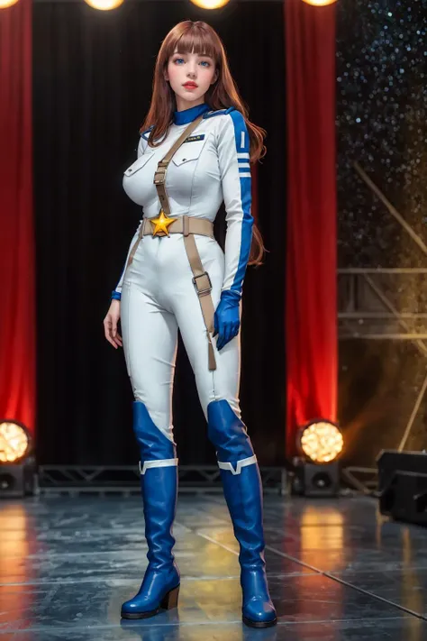 8K,highres,absurdres,masterpiece,best quality,original,extremely detailed CG,extremely detailed wallpaper,perfect lighting,<lyco:GoodHands-beta2:1>,1girl,blurry_background,looking_at_viewer,standing on the stage,
<lora:CARTOON_AdventuresofGalaxyRangers:0.7>,CARTOON_AdventuresofGalaxyRangers,long hair,brown hair,bangs,blunt bangs,makeup,lipstick,lips,blue eyes,red hair,large breasts,very long hair,skin tight,belt,bodysuit,uniform,boots,holster,spacesuit,military,gloves,