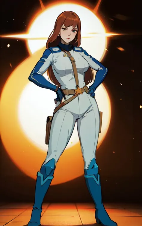 ((masterpiece, best quality)), insaneres, absurdres, solo, looking at viewer,
CARTOON_AdventuresofGalaxyRangers,
1girl, long hair, brown hair, bangs, blunt bangs, makeup, lipstick, lips, blue eyes, red hair, large breasts, very long hair,
skin tight, belt, bodysuit, uniform, boots, holster, spacesuit, military, gloves,
(contrapposto, hand on hip), sunset, sidelighting, <lora:CARTOON_AdventuresofGalaxyRangers:1>,
depth of field, light particles,