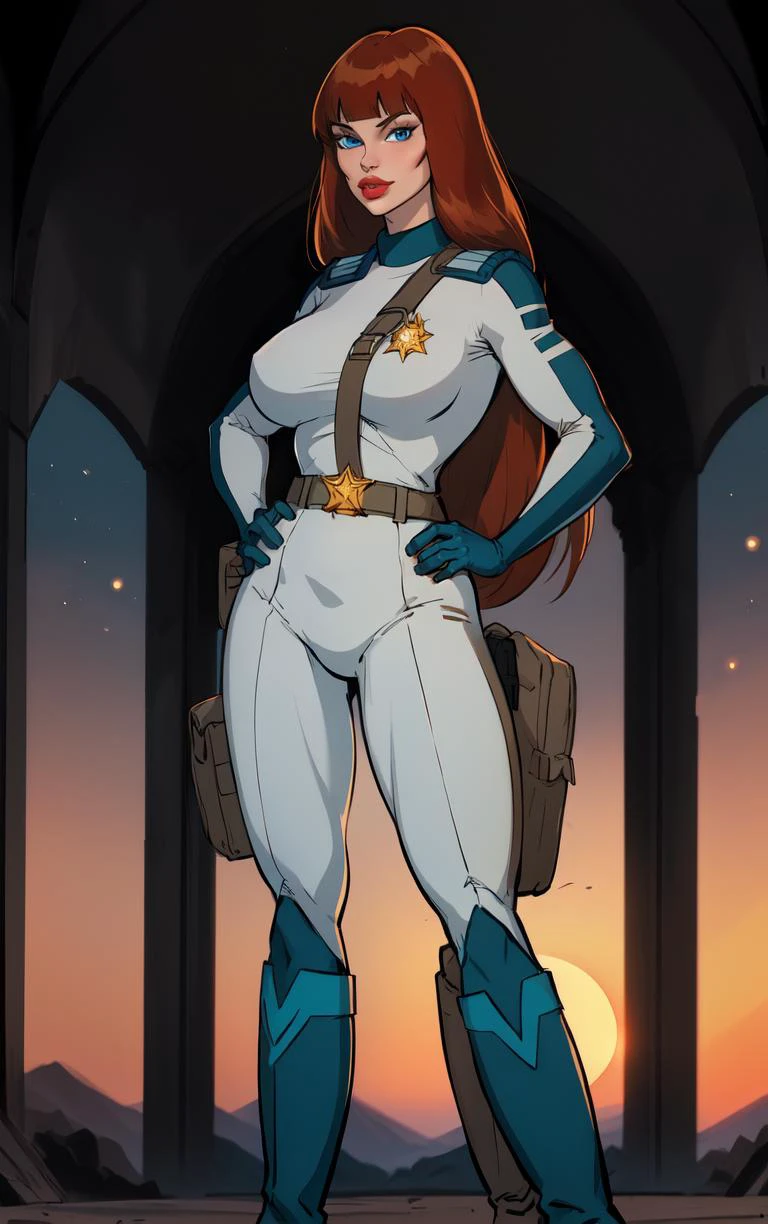 ((masterpiece, best quality)), insaneres, absurdres, solo, looking at viewer,
CARTOON_AdventuresofGalaxyRangers,
1girl, long hair, brown hair, bangs, blunt bangs, makeup, lipstick, lips, blue eyes, red hair, large breasts, very long hair,
skin tight, belt, bodysuit, uniform, boots, holster, spacesuit, military, gloves,
(contrapposto, hand on hip), sunset, sidelighting, <lora:CARTOON_AdventuresofGalaxyRangers:1>,
depth of field, light particles,