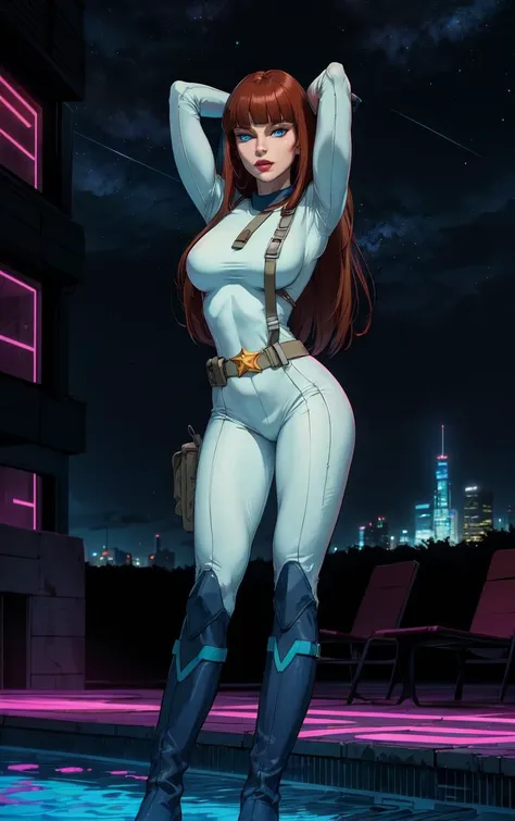 ((masterpiece, best quality)), insaneres, absurdres, solo, looking at viewer,
CARTOON_AdventuresofGalaxyRangers,
1girl, long hair, brown hair, bangs, blunt bangs, makeup, lipstick, lips, blue eyes, red hair, large breasts, very long hair,
skin tight, belt, bodysuit, uniform, boots, holster, spacesuit, military, gloves,
(contrapposto, arms behind head), neon_lights, cityscape, star (sky), night, pool, outdoors, <lora:CARTOON_AdventuresofGalaxyRangers:0.8>,
depth of field, light particles,