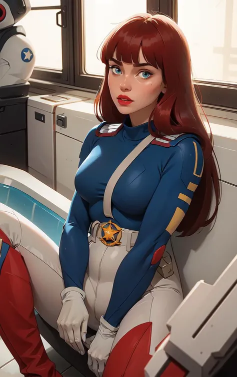 ((masterpiece, best quality)), insaneres, absurdres, solo, looking at viewer, 
CARTOON_AdventuresofGalaxyRangers, 
1girl, long hair, brown hair, bangs, blunt bangs, makeup, lipstick, lips, blue eyes, red hair,  large breasts, very long hair, 
skin tight,  belt, bodysuit, uniform, boots, holster, spacesuit, military, gloves, 
(sitting, spread legs), bathtub,  window shade, <lora:CARTOON_AdventuresofGalaxyRangers:0.9>,
 depth of field, light particles,