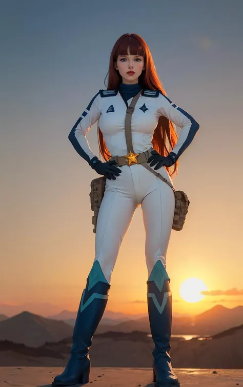 ((masterpiece, best quality)), insaneres, absurdres, solo, looking at viewer, 
CARTOON_AdventuresofGalaxyRangers, 
1girl, long hair, brown hair, bangs, blunt bangs, makeup, lipstick, lips, blue eyes, red hair,  large breasts, very long hair, 
skin tight,  belt, bodysuit, uniform, boots, holster, spacesuit, military, gloves, 
(contrapposto, hand on hip), sunset, sidelighting, <lora:CARTOON_AdventuresofGalaxyRangers:1>,
 depth of field, light particles,
