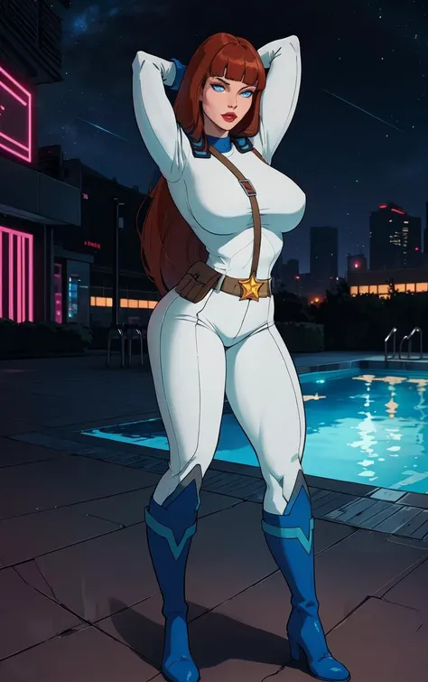 ((masterpiece, best quality)), insaneres, absurdres, solo, looking at viewer,
CARTOON_AdventuresofGalaxyRangers,
1girl, long hair, brown hair, bangs, blunt bangs, makeup, lipstick, lips, blue eyes, red hair, large breasts, very long hair,
skin tight, belt, bodysuit, uniform, boots, holster, spacesuit, military, gloves,
(contrapposto, arms behind head), neon_lights, cityscape, star (sky), night, pool, outdoors, <lora:CARTOON_AdventuresofGalaxyRangers:0.8>,
depth of field, light particles,