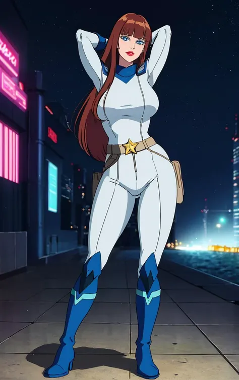 ((masterpiece, best quality)), insaneres, absurdres, solo, looking at viewer,
CARTOON_AdventuresofGalaxyRangers,
1girl, long hair, brown hair, bangs, blunt bangs, makeup, lipstick, lips, blue eyes, red hair, large breasts, very long hair,
skin tight, belt, bodysuit, uniform, boots, holster, spacesuit, military, gloves,
(contrapposto, arms behind head), neon_lights, cityscape, star (sky), night, pool, outdoors, <lora:CARTOON_AdventuresofGalaxyRangers:0.8>,
depth of field, light particles,