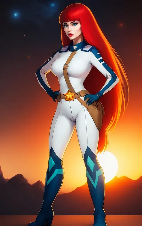 ((masterpiece, best quality)), insaneres, absurdres, solo, looking at viewer,
CARTOON_AdventuresofGalaxyRangers,
1girl, long hair, brown hair, bangs, blunt bangs, makeup, lipstick, lips, blue eyes, red hair, large breasts, very long hair,
skin tight, belt, bodysuit, uniform, boots, holster, spacesuit, military, gloves,
(contrapposto, hand on hip), sunset, sidelighting, <lora:CARTOON_AdventuresofGalaxyRangers:1>,
depth of field, light particles,