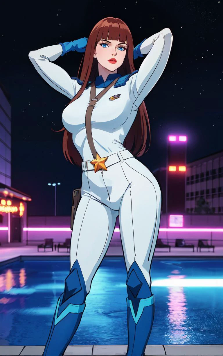 ((masterpiece, best quality)), insaneres, absurdres, solo, looking at viewer,
CARTOON_AdventuresofGalaxyRangers,
1girl, long hair, brown hair, bangs, blunt bangs, makeup, lipstick, lips, blue eyes, red hair, large breasts, very long hair,
skin tight, belt, bodysuit, uniform, boots, holster, spacesuit, military, gloves,
(contrapposto, arms behind head), neon_lights, cityscape, star (sky), night, pool, outdoors, <lora:CARTOON_AdventuresofGalaxyRangers:0.8>,
depth of field, light particles,